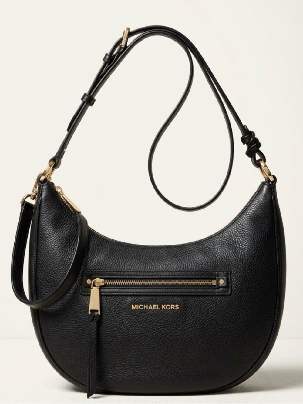 Michael Kors Rhea Black Pebbled Leather Hobo Shoulder Bag with Gold Hardware